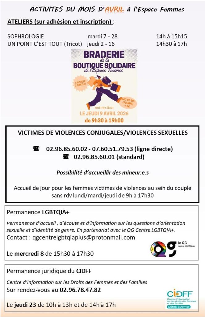 Activités du mois d'avril à l'Espace Femmes recto