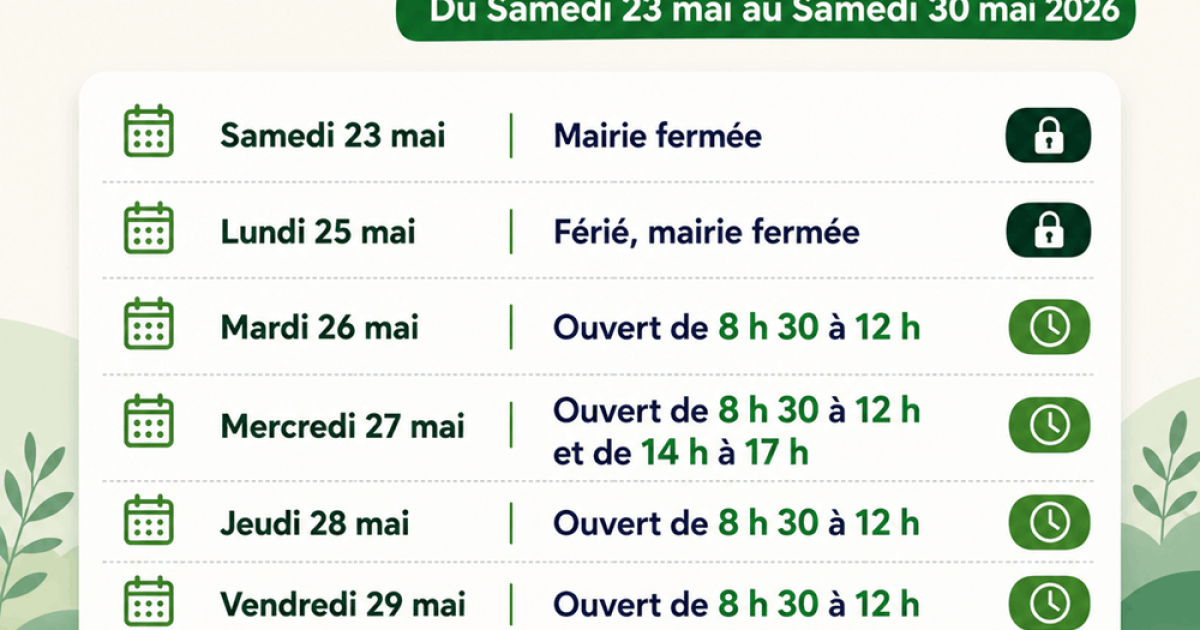 Horaires de la mairie de Plumaudan | du 23 au 30 mai 2026