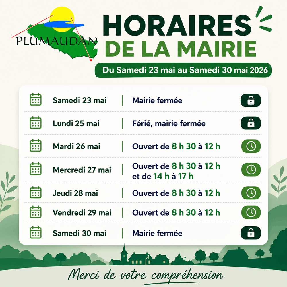 horaires mairie plumaudan mai 2026